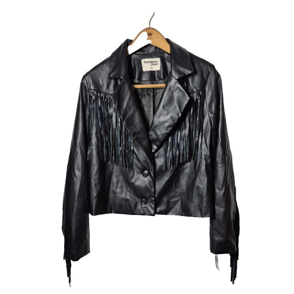 Savanna Jane Western Fringe Faux Leather Jacket Womens Medium Black Boho Cropped